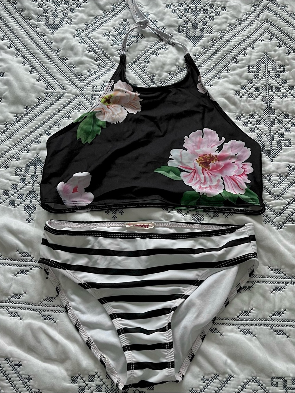 Girls' Black Floral Halter Bikini Top with Black & White Stripe Bottoms